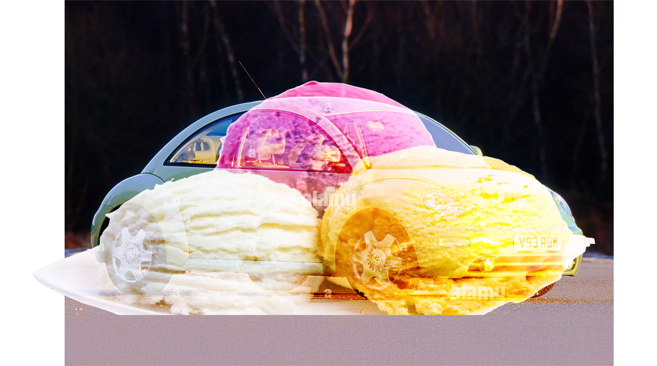 Image of ice cream scoops stretched and overlaid on top of the Volkswagen Beetle, emphasising the three curves